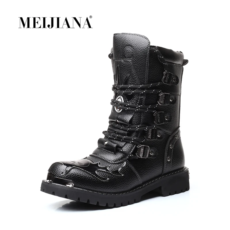 

Мужские высокие ботинки из натуральной кожи MEIJIANA, черные военные тактические ботинки, армейские ботинки, мужская кожаная обувь, мужская обу...