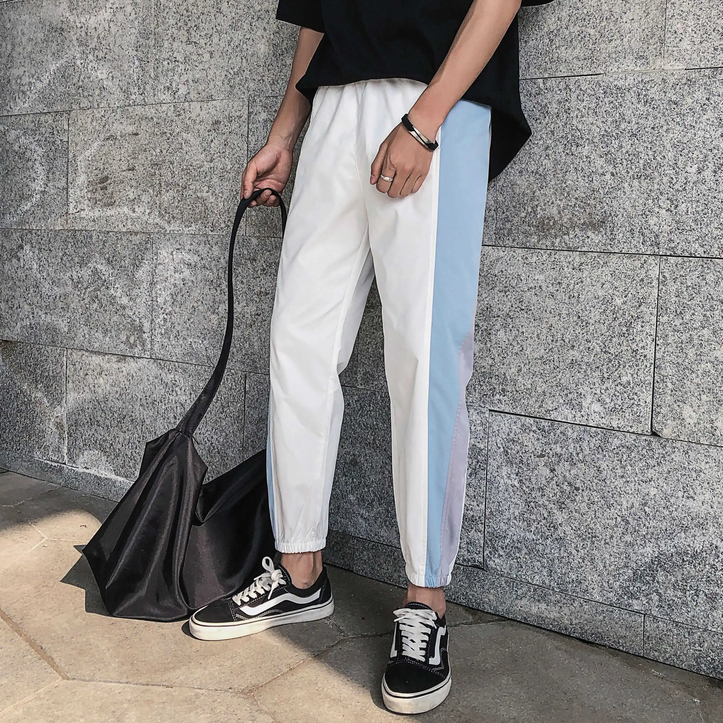 

2019 Spring Summer Men Casual Loose Thin Solid Color Spliced Joggers Sweatpants Elastic Waist Bound Feet Motion Trousers M-5XL