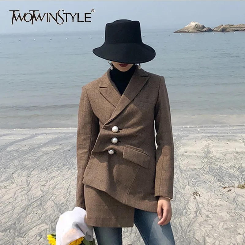 TWOTWINSTYLE шерстяной пиджак в клетку с жемчугом женский длинным рукавом Боковой