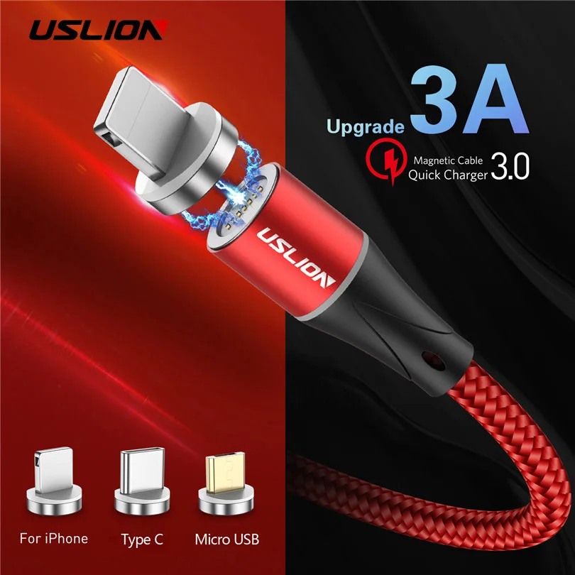 USLION Micro USB кабель магнитное зарядное устройство для iPhone X 8 7 Type C Быстрая зарядка