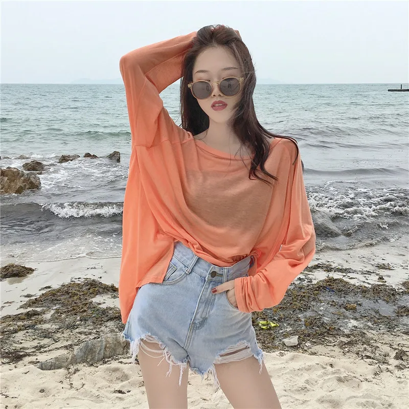 EWQ 2019 Spring Summer Women Thin Long Sleeve Tee Shirt Casual Female Sunscreen Loose Slim All-match Blouse Women's HD898 |