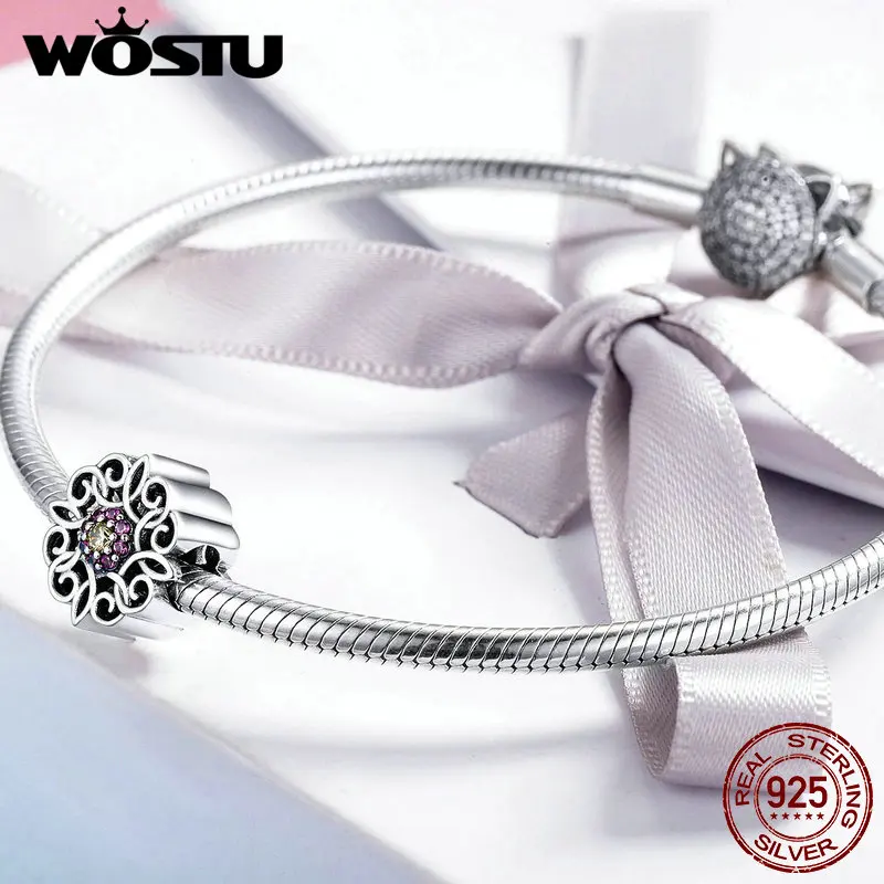 WOSTU винтажные 925 Серебряный цветочный Шарм калейдоскос CZ бусины подходят для
