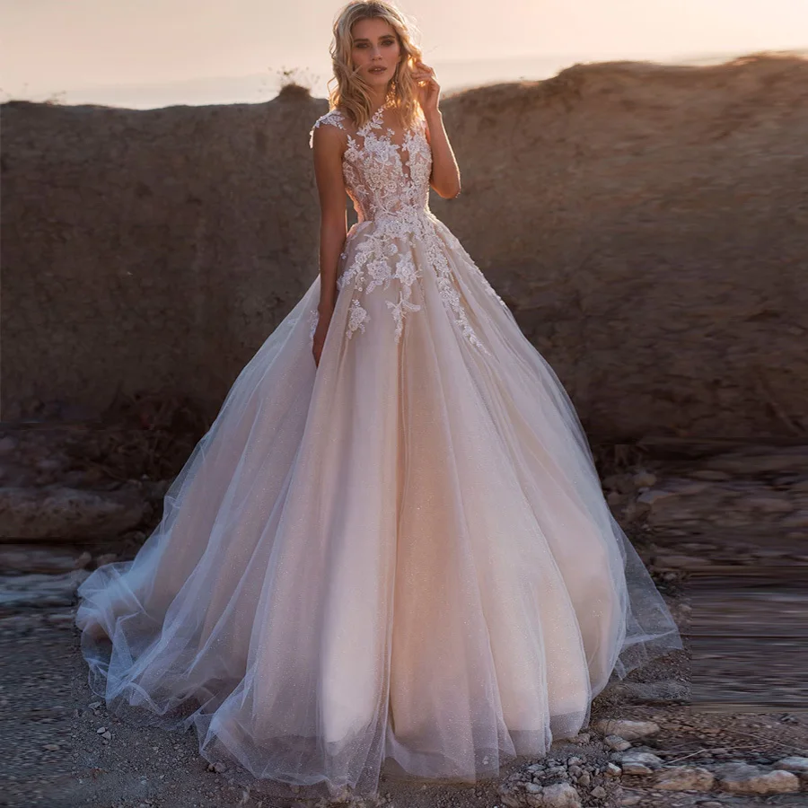 Weilinsha Cap Sleeve Applique Ball Gown Wedding Dresses O-neck Bridal Gowns Shinny Tulle Robe De Mariage Custom Design | Свадьбы и