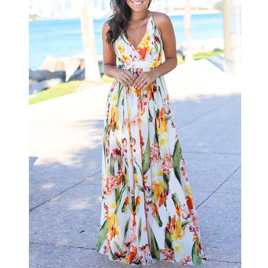 2019 New Floral Print Party Long Dress Women Summer Sexy V-Neck Spaghetti Strap A-Line Beach Bohemian Dresses | Женская одежда