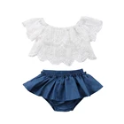 Комплект одежды для новорожденных девочек, летняя Кружевная футболка с открытыми плечами + джинсовая юбка с оборками