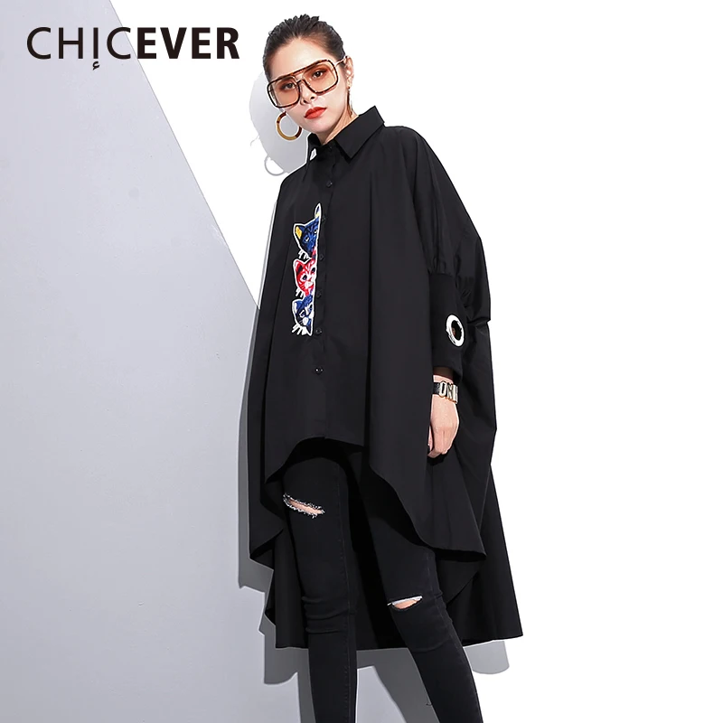 Черное женское платье-рубашка с вышивкой CHICEVER асимметричные черные платья