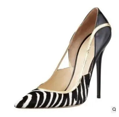 

Туфли-лодочки женские классические, заостренный носок, высокий тонкий каблук 12 см, пикантные, с узором зебры, черные, белые, без застежки, туф...