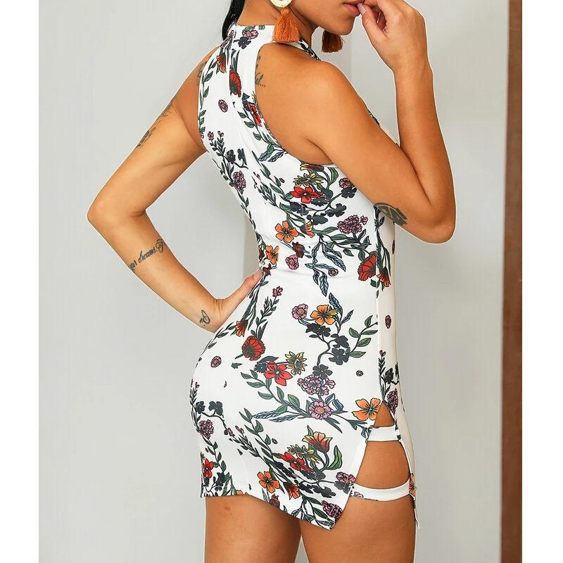 Сексуальное облегающее платье женское без рукавов с цветочным принтом в стиле