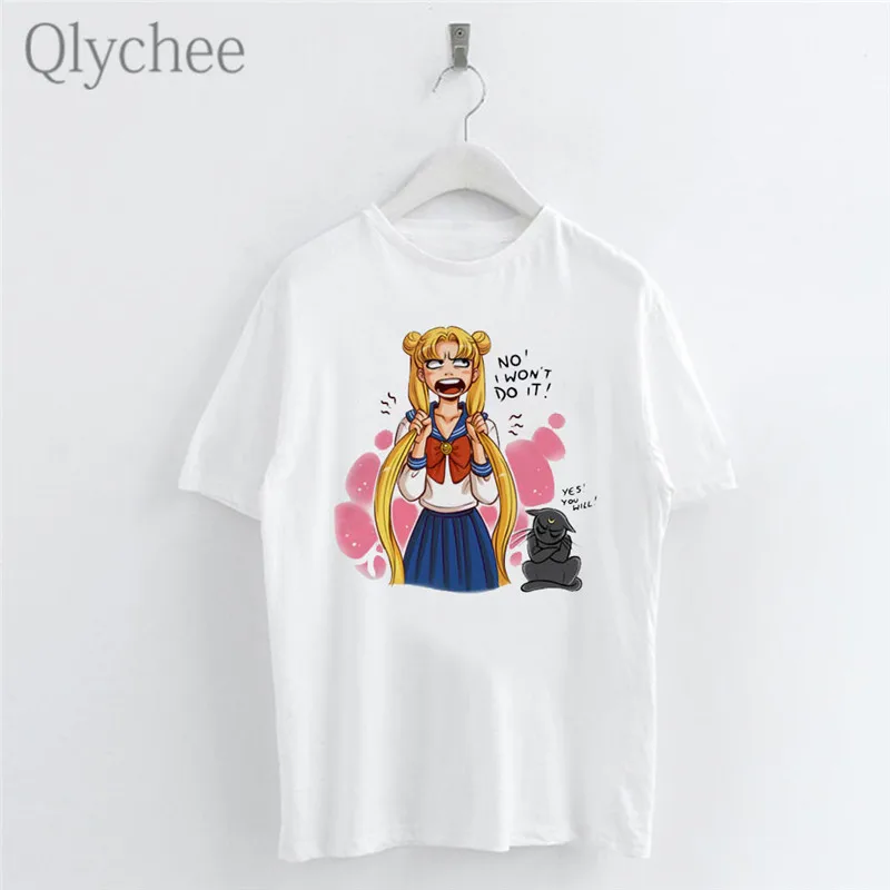 Qlychee японская аниме Сейлор Мун мультфильм женская футболка Повседневная вырез лодочкой короткий рукав