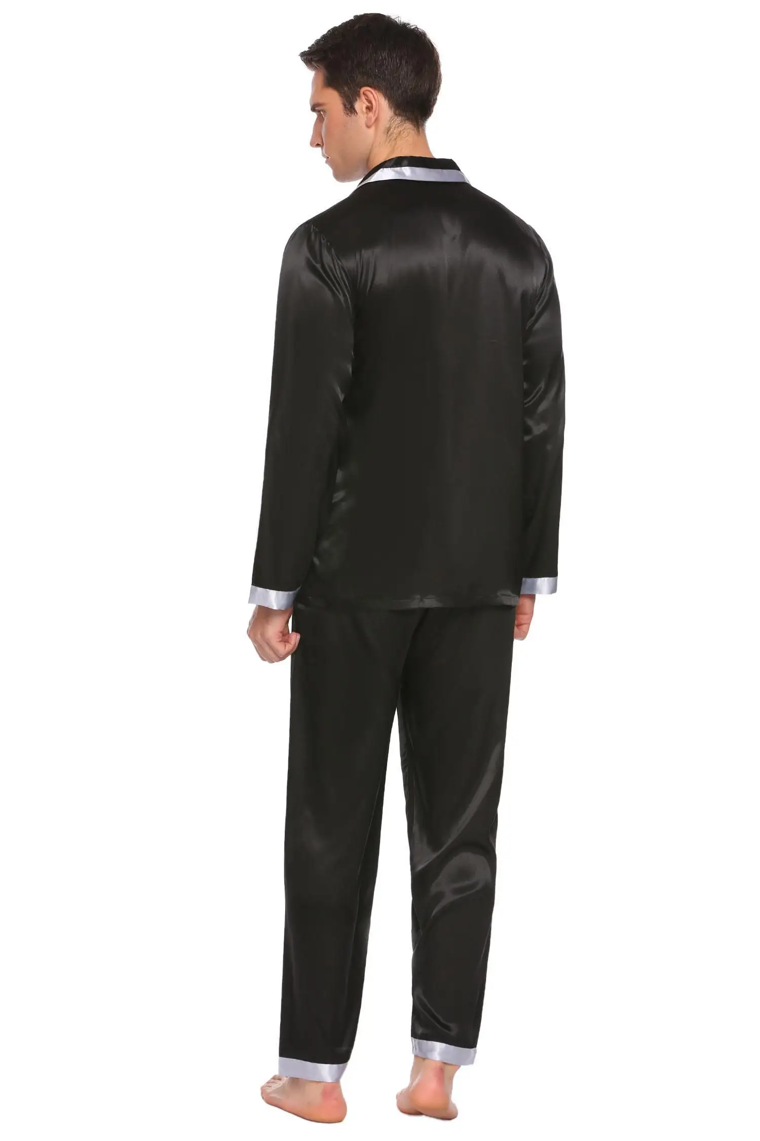 Men Sleeve Waist Turn Color 186cm 98cm 76cm Hip HOTOUCH Long Set Pajama 100cm Bust Contrast Height Satin Down Collar | Мужская одежда