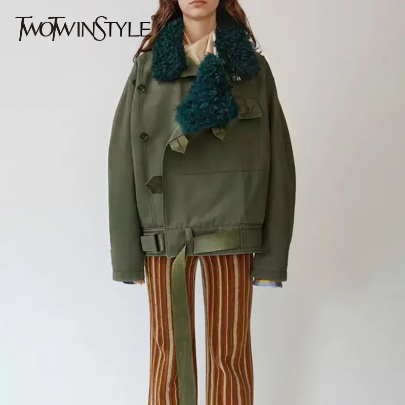 TWOTWINSTYLE мех ягненка пальто женский воротник с лацканами длинным рукавом повязку плюс толстые теплые Осенне