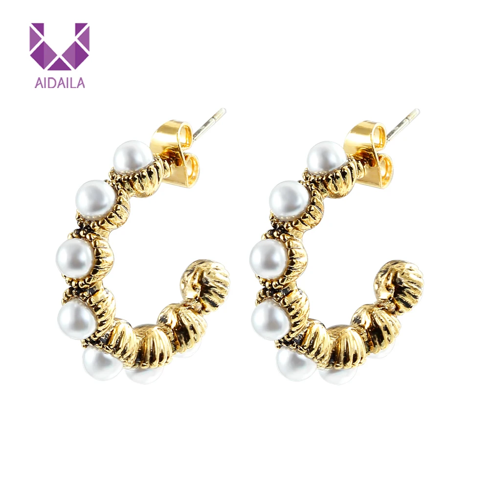 Женские серьги кольца AIDAILA винтажные медные маленькие с жемчугом