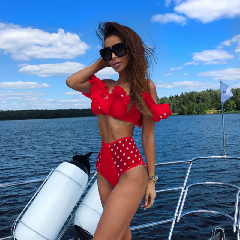 Высокая талия 2019 новый сексуальный купальный костюм с открытыми плечами женский