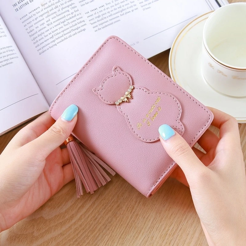 Женский маленький кошелек с кошкой в Корейском стиле модный короткий на молнии