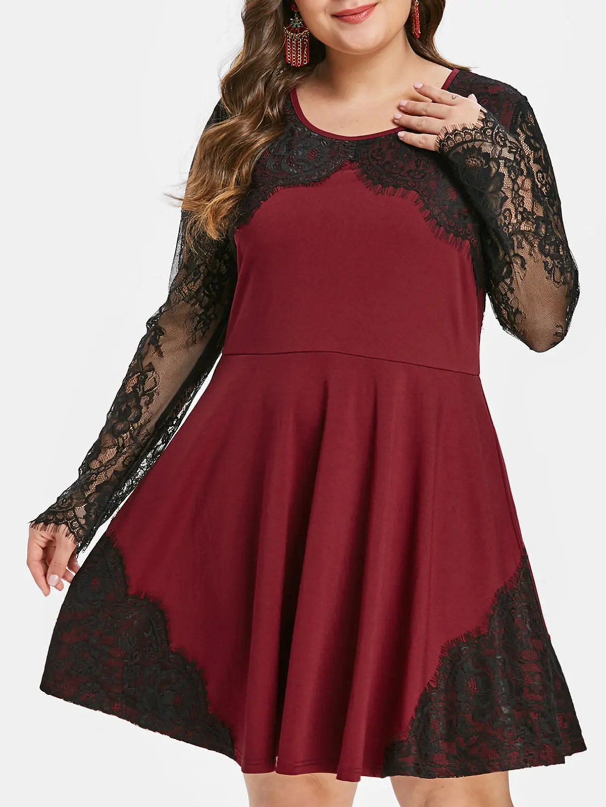 Wipalo Plus Size Vintage Lace Insert Flare Dress Women O Neck Long Sleeve Mini Spring Big Robe Femme Dresses Vestido|Женские платья| |