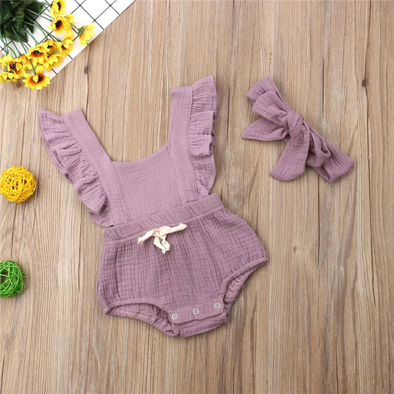 

2Pcs Summer Cotton Jumpsuit+Headband Toddler Baby Girl Ruffles Romper Baby Girls Bebes Solid Color Cotton Jumpsuit Outfits 3-24M