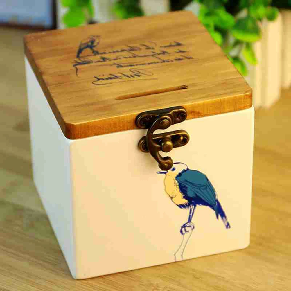 1pc Treasure Box Bird Pattern Handmade Retro Wooden Home Decor Money Piggy Bank Saving Pot with Hole Lock | Игрушки и хобби