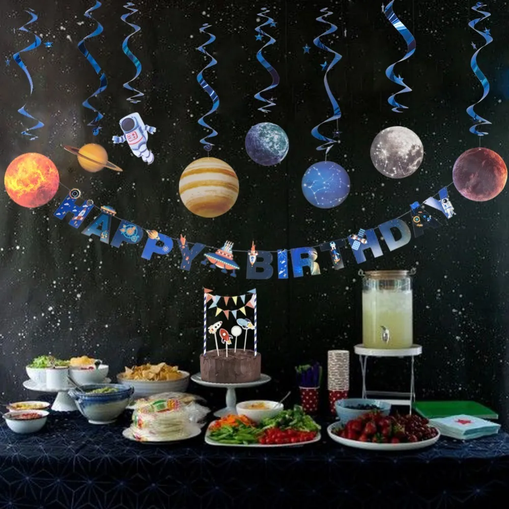 Space Theme Kids Birthday Decorations With Happy Banner Hanging Swirls Cake Topper Planet Pattern Children Home Decor | Дом и сад