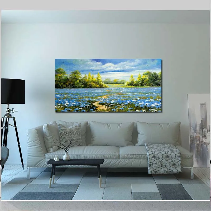 

Hand Painted Abstract Impasto Blue Flower Landscpae Canvas Oil Painting Wall Picture Living Room Bedroom Home Wall Decoration