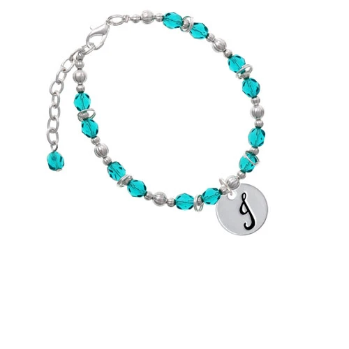 Silvertone Large Script Letter - J 3/4'' Disc Teal Beaded Bracelet |