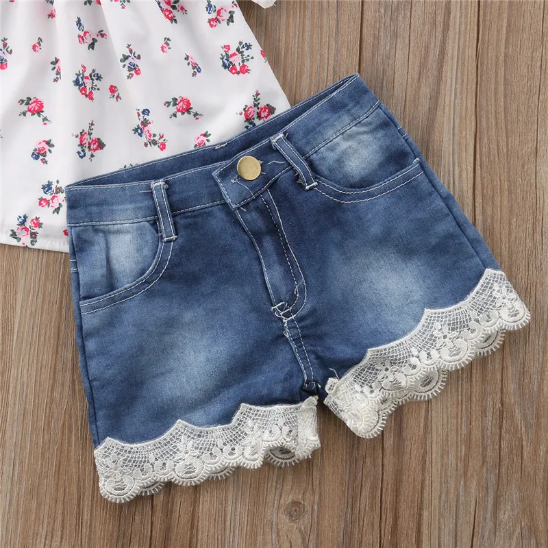 

2PCS Girls Clothes Kid Baby Off Shoulder Floral Short Sleeve Tops T-shirts Denim Lace Floral Patchwork Shorts Pants Outfits 0-4T