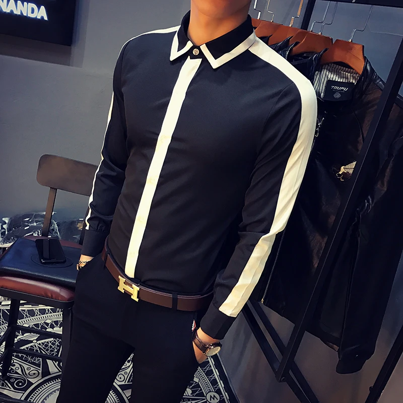 Высокое качество Мужская рубашка 2019 Весна Slim Fit контрастный цвет Смокинг Рубашка