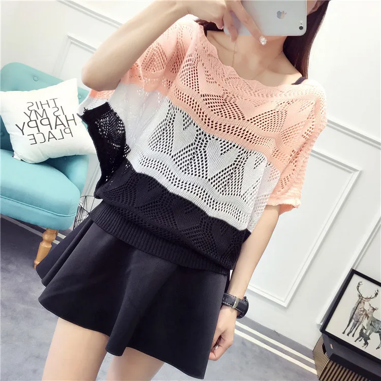2019 New Women Fashion Short Sleeve Striped Pullovers Sweaters Summer Casual Hollow Out Loose Thin Sweater | Женская одежда