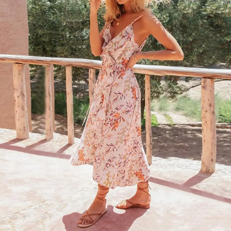 Женское пляжное платье с оборками Boho Пляжное цветочным принтом летнее глубоким