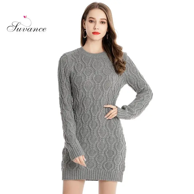

Suvance Autumn Winter Casual Knitted O Neck Patchwork Long Sleeve Solid Color Elastic Women Mini Dress