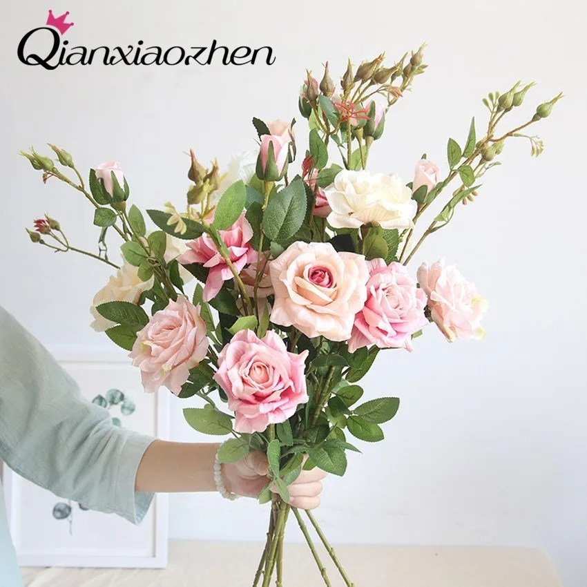 

Qianxiaozhen 4pcs Rose Artificial Flowers For Wedding Fake Flowers Bouquet Wedding Flowers Home Decoration
