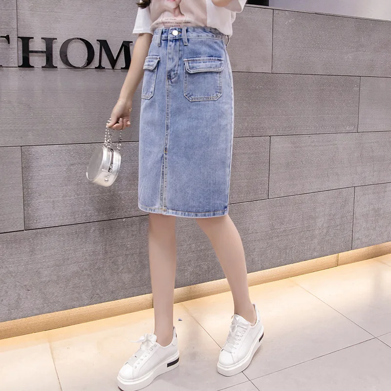 Summer Woman casual Time Jeans Skirt Long High Waist Pocket Solid Colour Skirts | Женская одежда