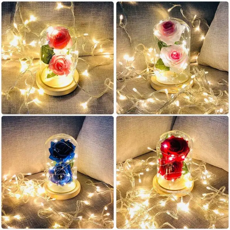 Роза 20 LED медная проволока световая гирлянда стеклянный купол деревянная база