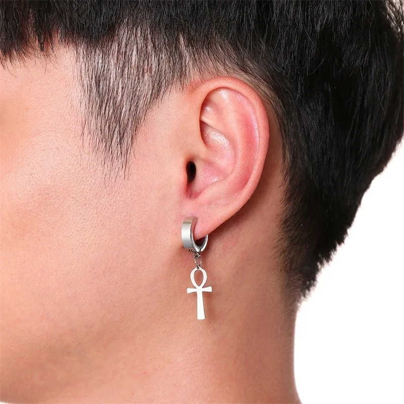 Винтажные мужские и женские сережки Ankh Cross серебристый оттенок свисающие серьги