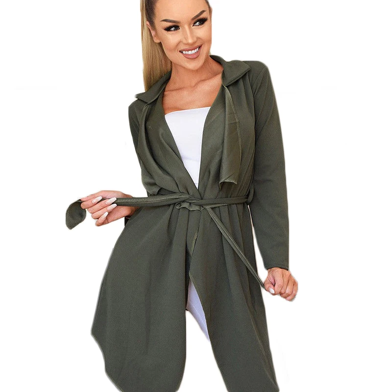 

Women solid Fashion Trench Coats new arrival 2018 Fall Spring long sleeve Turn-down Collar casual Irregular Top bandage belted