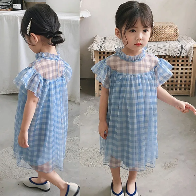 Tulle Dresses For Toddler Girls Ruffles Collar Baby Girl Dress Clothes Summer 2019 A Line Blue White Plaid Children Clothing | Детская