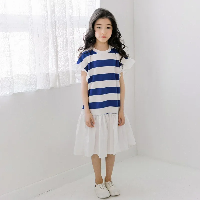 2019 Summer Girl Dress Baby Clothes Ruffles Long Teenage Kids Party O Neck Blue White Striped Clothing Fashion | Детская одежда и