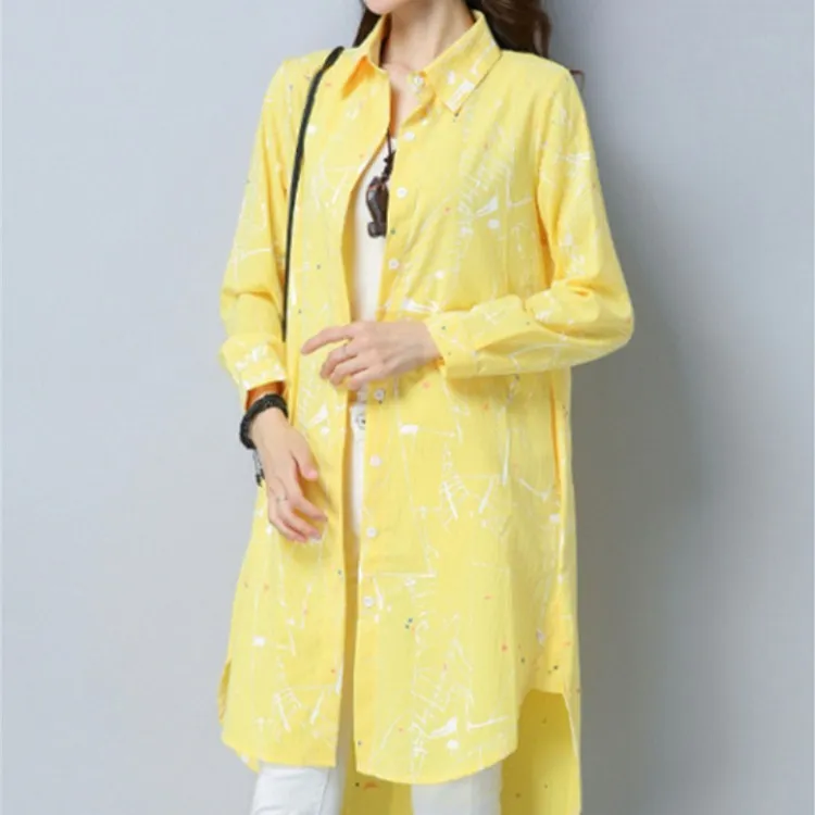 Print Casual Loose Long Blouses Women Sleeve Cotton Linen Shirt Spring Turn-down Collar Thin Tops |
