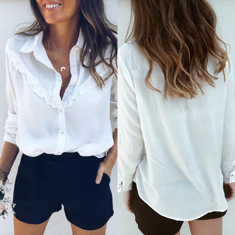 

Fashion Women Long Sleeve Loose Blouse Autumn Spring Ruffles Office Work Casual Blouse New 2019 Stylish Elegant Woman Tops Shirt