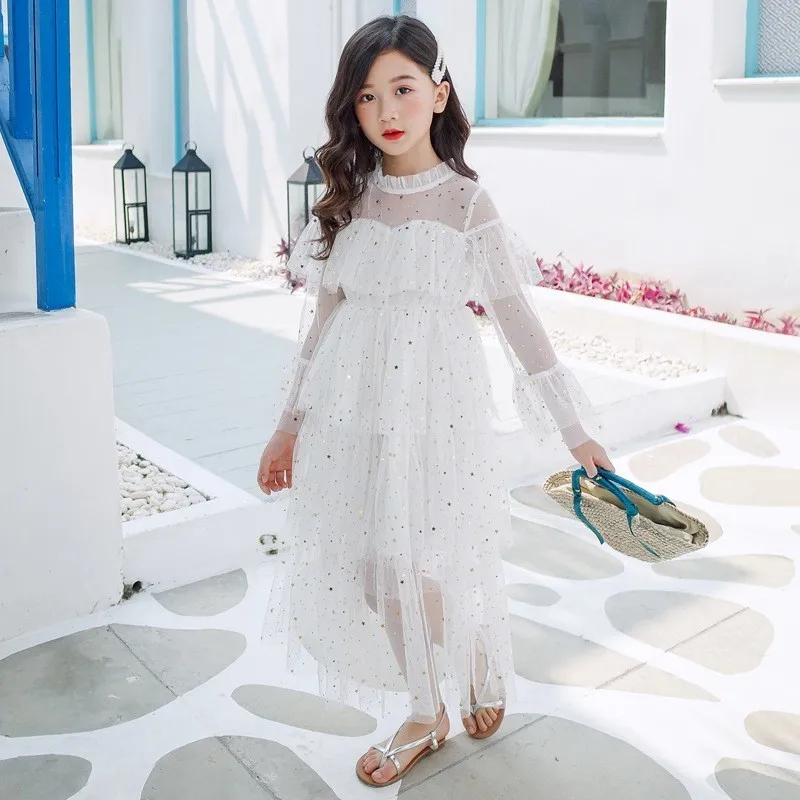 Maxi Long Mesh Dresses For Teenagers Girl White Grey Off Shoulder Girls Dress Teen Summer Spring Kids Clothing 2021 New Arrival | Детская