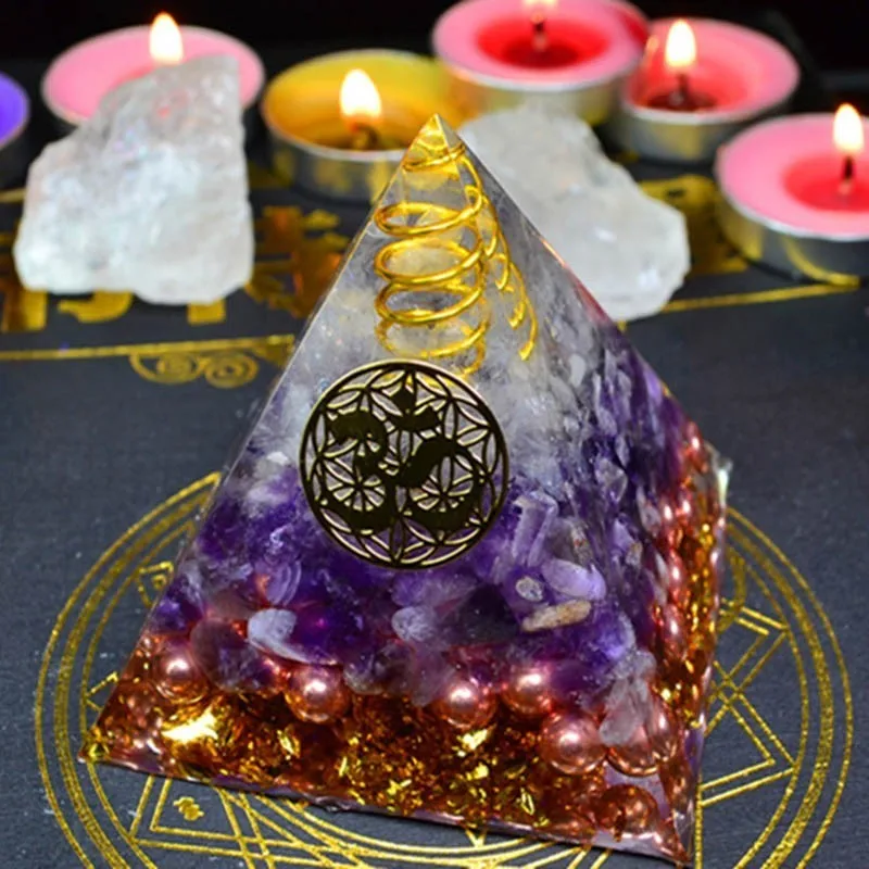 Natural Amethyst Orgonite Pyramid Energy Converter Orgone Aura Chakra Resin Decorative Craft Decoration Bring Good Luck Gift