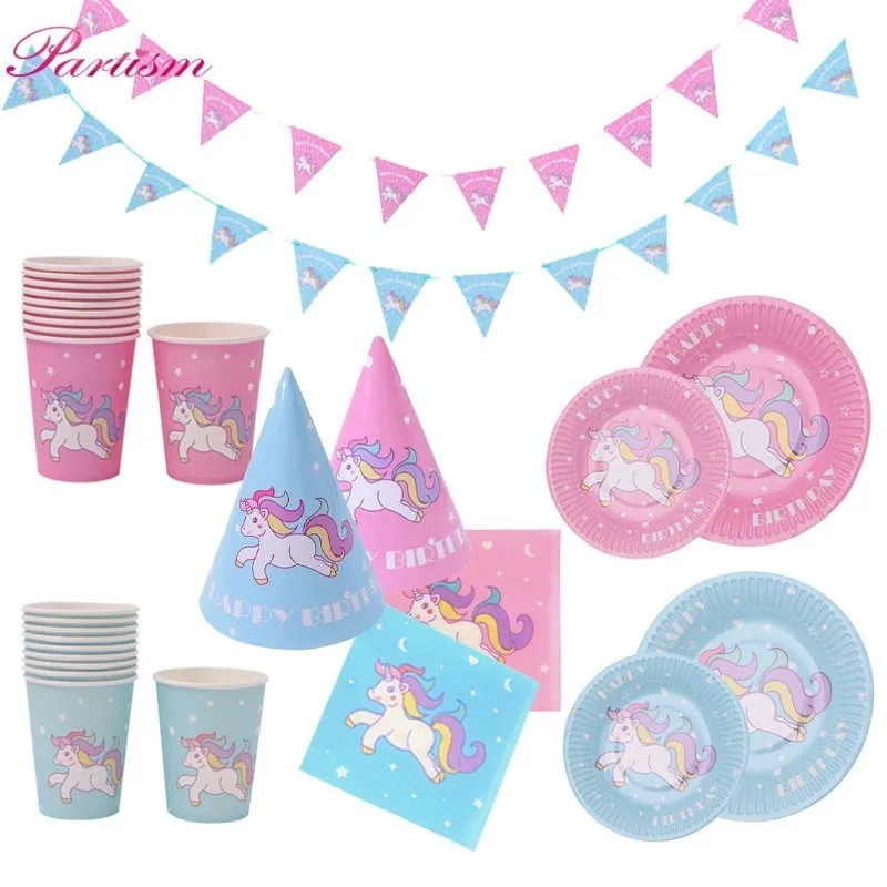 

1Set Pink/Blue Unicorn Party Disposable Tableware Balloons Paper Napkin /Plate/Cup Baby Shower Kids Birthday Decoration Supplies