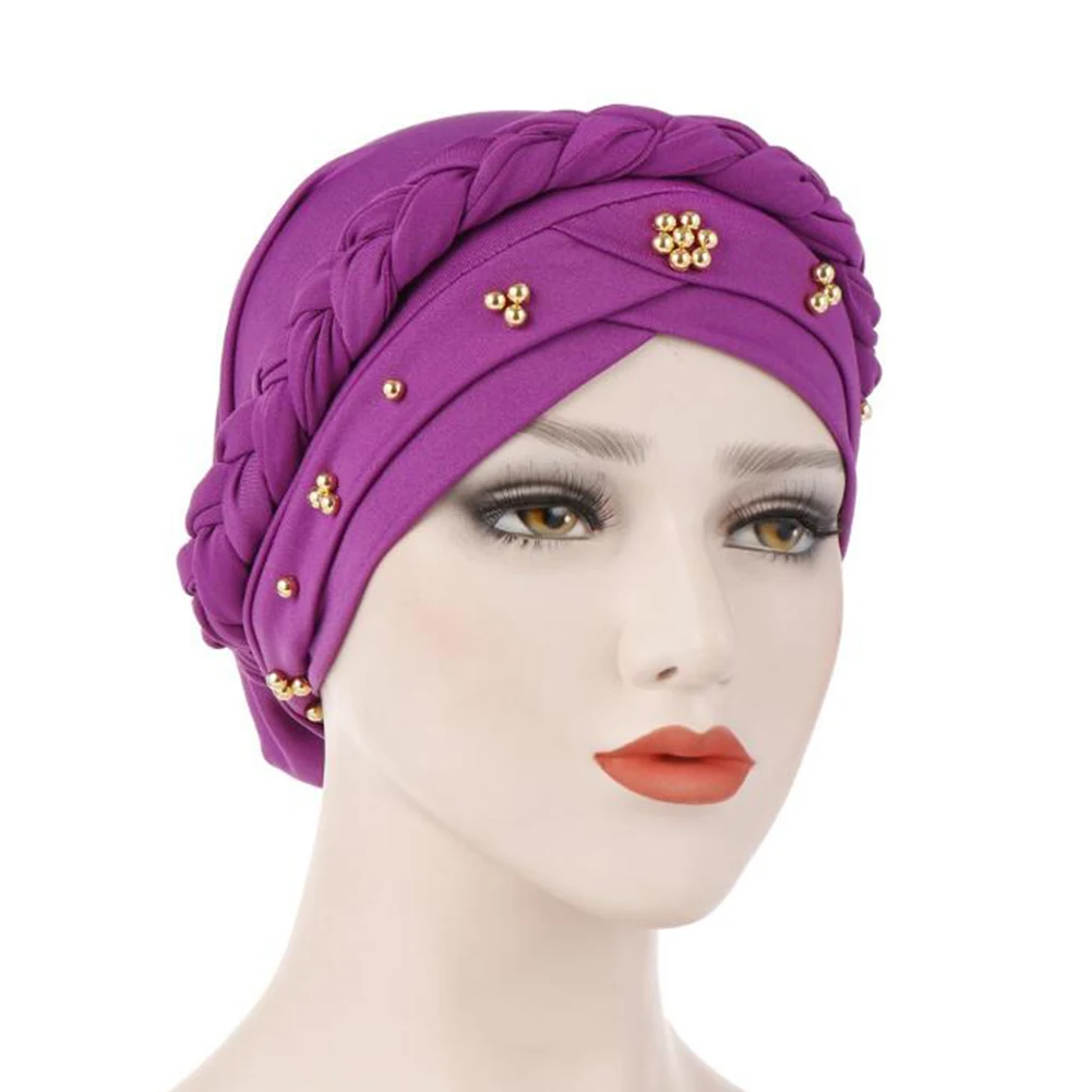 

2019 New Muslim Hat Elegant Beads Braid Turban Cap Women Elasticity Cotton Bandanas Female Headwear Headscraf Hair Accessories