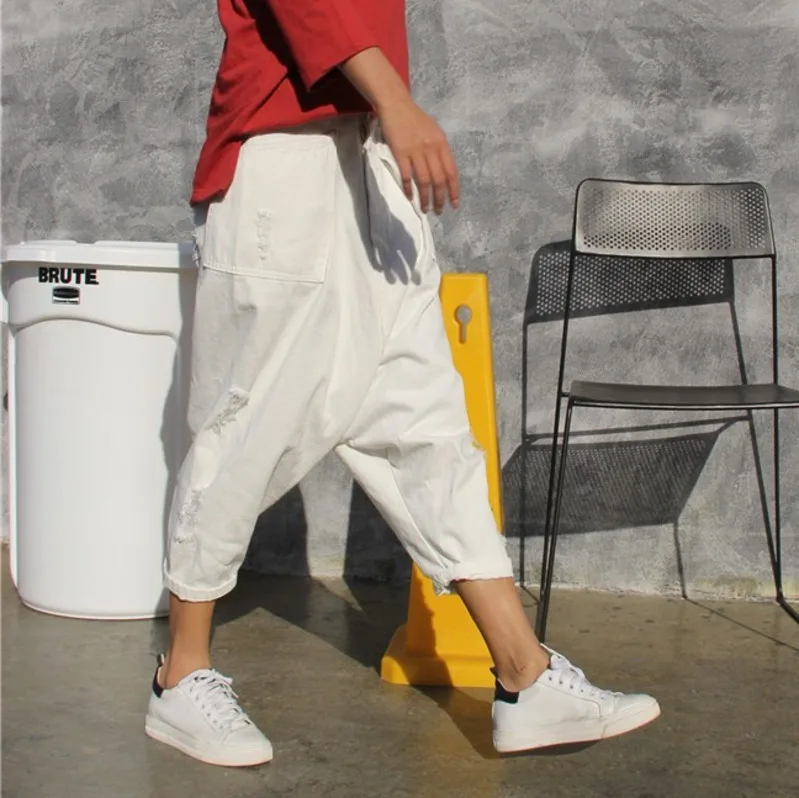 Осенние женские джинсовые шаровары в стиле бойфренд с шаговым швом рваные джинсы