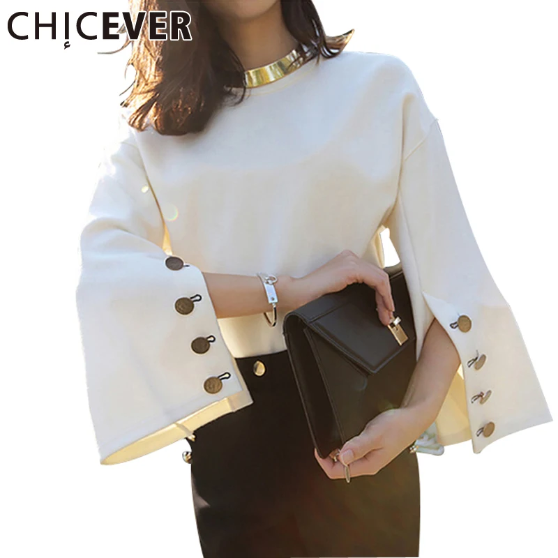 [CHICEVER] 2020 Autumn Flare Sleeve Split O-neck Lady Female Tops Women Casual Clothes New Fashion Korean | Женская одежда