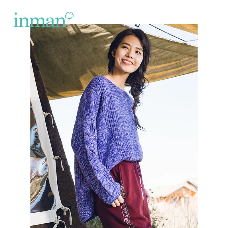 INMAN Winter Female Round Collar Retro Literary Loose Off The Shoulder Sleeve Woman Pullover Sweater | Женская одежда