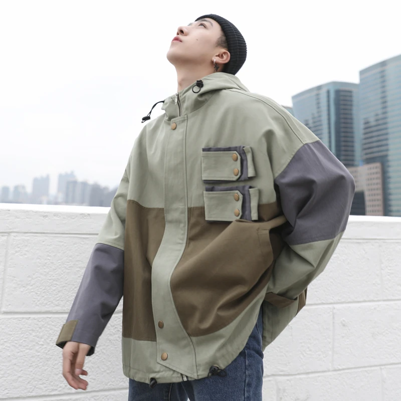 

2019 Men's Streetwear Bomber Jackets Casual Cotton Cargo Clothes Cap Long Sleeve Loose Coats Green/grey Color Windbreaker S-XL