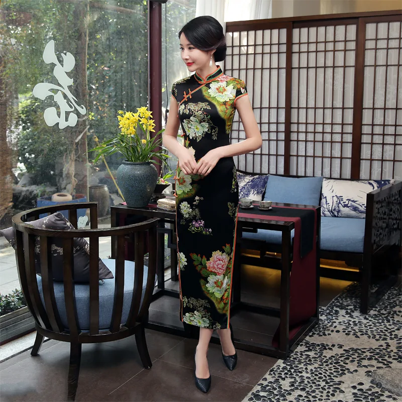 SHENG COCO Satins Cheongsam платья Длинные с цветочным принтом Qipao летняя Новинка китайский