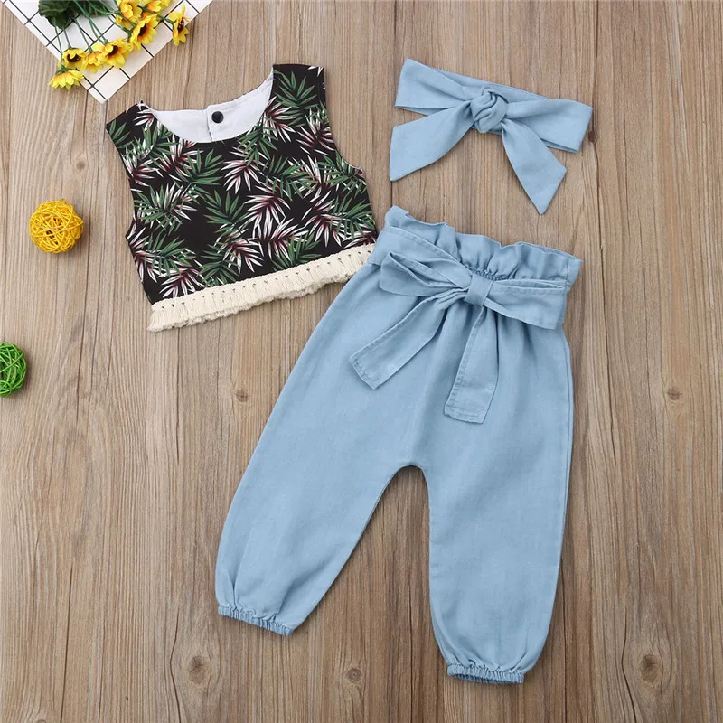 3Pcs Summer Clothes For Girls 2019 Fashion Toddler Kids Girl Sleeveless Vest Ruffle Crop Top+Bowknot Long Pants+Headband Outfit | Детская