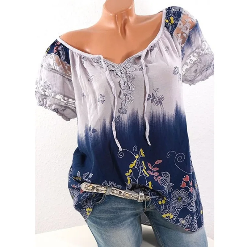 

Summer hot-selling jacket V-collar printed lace short-sleeved T-shirt women shirts