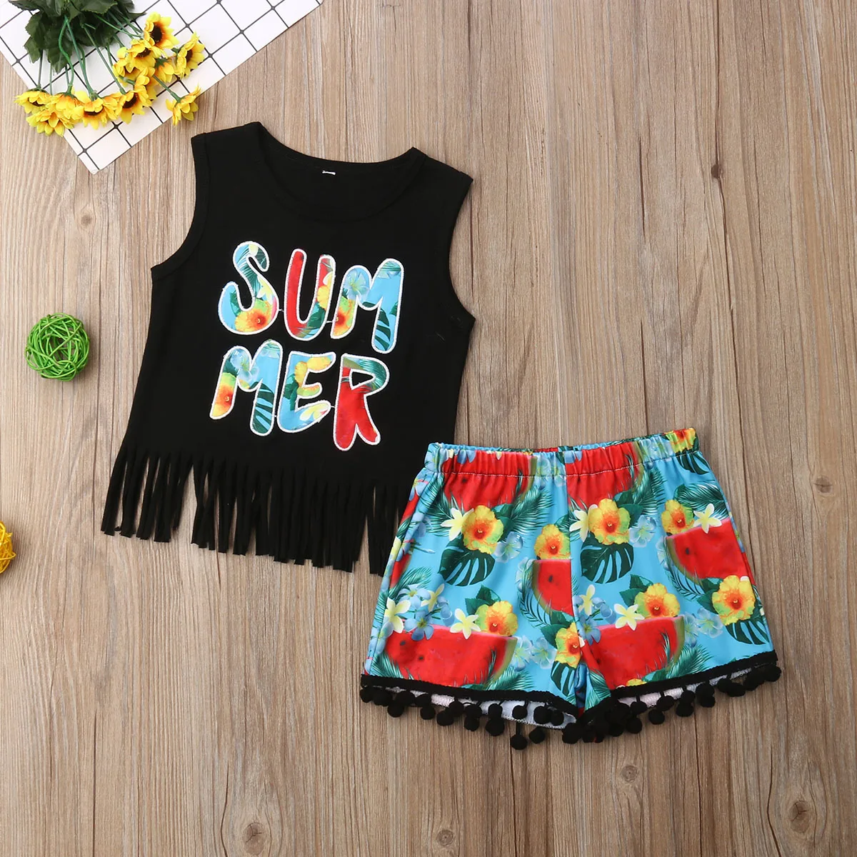 New 2Pcs Toddler Kids Baby Boys Girls Summer letter Vest + Flower Shorts Children Fashion Clothing |